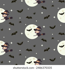  Halloween pattern features a flat style with various iconic elements.Seamless background perfect for use in textiles, wallpapers, and festive decorations.