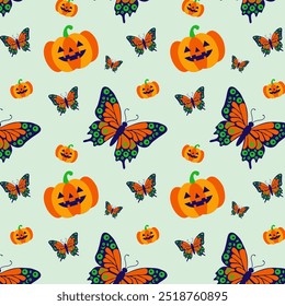 Halloween pattern featuring butterflies, pumpkins, and spooky elements in autumn inspired background in black and orange colors, perfect for Halloween party decor, trick or treat wrapping