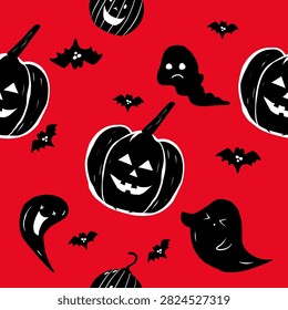 Halloween pattern featuring pumpkin ghost bat jackolantern silhouettes on a vivid orange background, spooky handdrawn artwork with playful expressions, eerie faces, white highlights, curved stems, flying creatures, smiling specters, creepy seasonal charm, whimsical illustration, bold contrast, festive atmosphere, seamless design inspiration, autumn celebration, October holiday, trickortreat theme, party decoration, fabric print, wrapping paper, stationery, apparel, wallpaper, packaging, poster, greeting card, merchandise, youthful aesthetic, cute horror style, supernatural mood, folklore, seasonal collection.