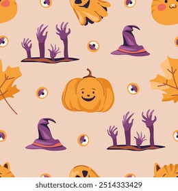 A Halloween pattern featuring pumpkins, witch hats, and creepy hands in a spooky yet fun style. This seamless vector illustration is perfect for festive designs