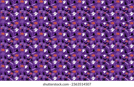 Halloween pattern. Halloween festive seamless pattern. Endless background with pumpkins, skulls, bats, spiders, ghosts, bones, candies, spider web and speech bubble with boo.Halloween vector pattern.