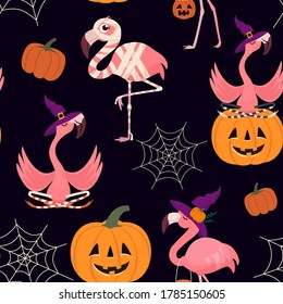 Halloween pattern with flamingo, pumpkin and web. Vector seamless texture.