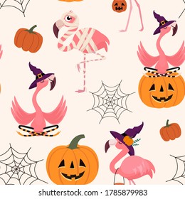 Halloween pattern with flamingo, pumpkin and web. Vector seamless texture.