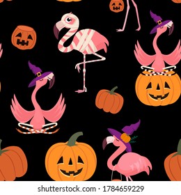 Halloween pattern with flamingo and pumpkins. Vector seamless texture.