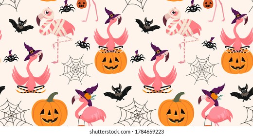 Halloween pattern with flamingo, spider, pumpkin and bat. Vector seamless texture.