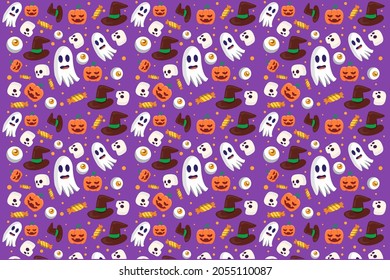 halloween pattern flat design with, skull, pumpkin, witch hat, candy, and eyeball