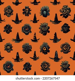 A Halloween pattern of flowers and witch hats. Seamless pattern for cards, flyers, halloween party invitations.