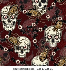 Halloween pattern with flying eye monsters, skull with red eyeballs, crawling robot spiders, grunge distorted silhouette of spider web. Freaky, creepy, spooky illustration in vintage style