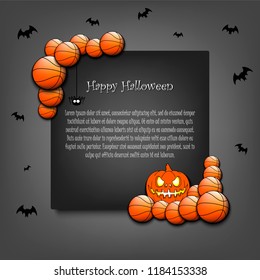 Halloween pattern. Frame halloween with basketball balls, pumpkin, spider and flying bats on an grey background. Pattern for banner, poster, greeting card, party invitation. Vector illustration