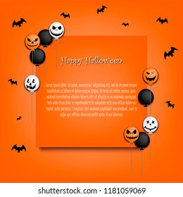 Halloween pattern. Frame halloween with colorful balloons and flying bats on an orange background. Pattern for banner, poster, greeting card, party invitation. Holiday design. Vector illustration