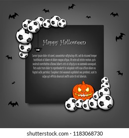 Halloween pattern. Frame halloween with soccer balls, pumpkin, spider and flying bats on an grey background. Pattern for banner, poster, greeting card, party invitation. Vector illustration