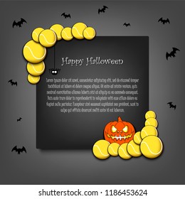 Halloween pattern. Frame halloween with tennis balls, pumpkin, spider and flying bats on an grey background. Pattern for banner, poster, greeting card, party invitation. Vector illustration