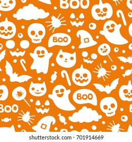 Halloween pattern. Funny cartoon characters pumpkin, ghost, cat, bat, candy, spider on orange background