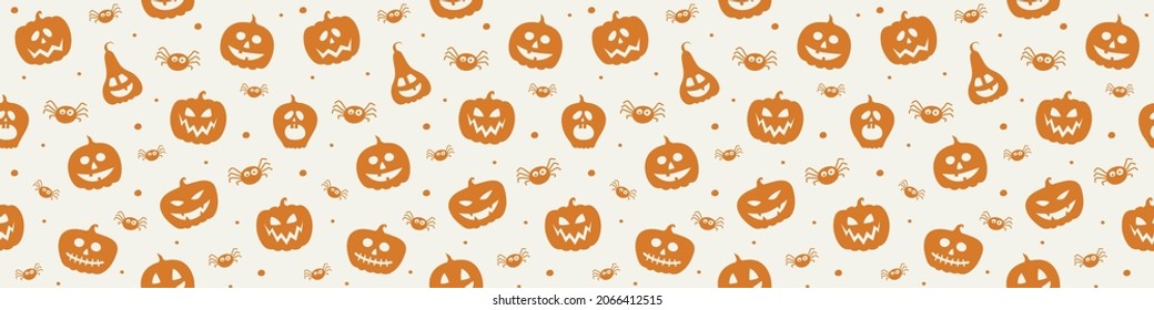 Halloween pattern with funny pumpkin lanterns and spiders. Banner. Vector