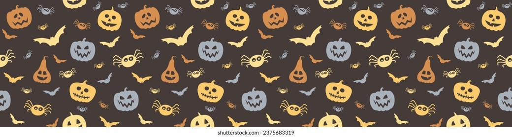 Halloween pattern with funny pumpkin lanterns, bats and spiders. Banner. Vector