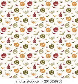 Halloween pattern with funny pumpkins, bats and spiders. Wallpaper. Vector