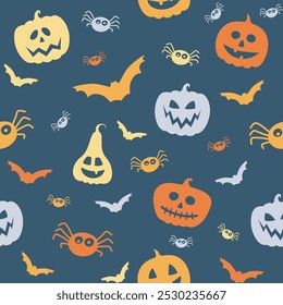 Halloween pattern with funny pumpkins, bats and spiders. Wallpaper. Vector