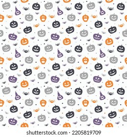 Halloween pattern with funny pumpkins and spiders. Wallpaper. Vector