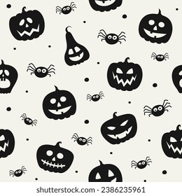 Halloween pattern with funny pumpkins and spiders. Wallpaper. Vector