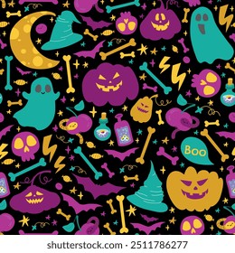Halloween pattern with ghost, branches, moon, crescent, pumpkins, stars