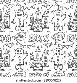 Halloween pattern with ghost castle and scary gingerbread. Doodle vector background. 