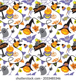 Halloween pattern, ghost, pumpkin, bat, funny halloween party, candy, trick or treat. Seamless pattern.