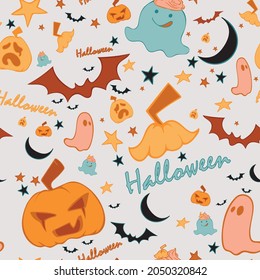 Halloween pattern with ghost, pumpkin, bat moon, star