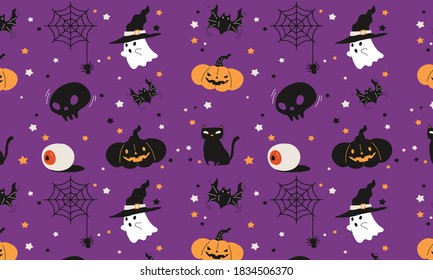 Halloween pattern with ghost, pumpkin, black cat, spider, skull and bat on purple background. Flat vector illustration. Spooky seamless graphic texture for print, paper, fabric, textile. 