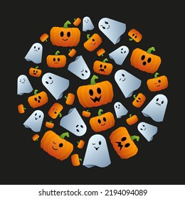 Halloween pattern ghost and pumpkin with emotions