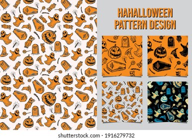 Halloween pattern ghost, pumpkin, headstone, cat and candy