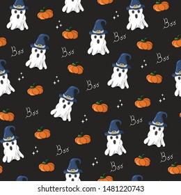 Halloween pattern with ghost, pumpkin on dark background for fabric, print, wrapping paper.