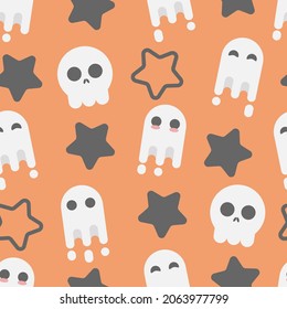 Halloween pattern with ghost, skull, pumpkin and bat. Vector illustration for design, fabric or wrapping paper.