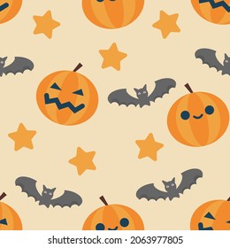 Halloween pattern with ghost, skull, pumpkin and bat. Vector illustration for design, fabric or wrapping paper.