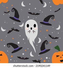 Halloween pattern ghost, witch hat and pumpkin on gray background. Vector Illustration. Design for background, wallpaper, wrapping and fabric