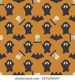 A Halloween pattern of ghosts and bats with a candle in the middle
