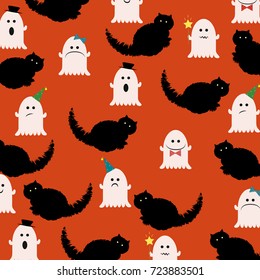 Halloween pattern with ghosts and black cats.Cute ghost emoji.For Halloween poster and invitation cards background design.For textile,texture,fabric,wallpaper,t-shirt design.Vector illustration.