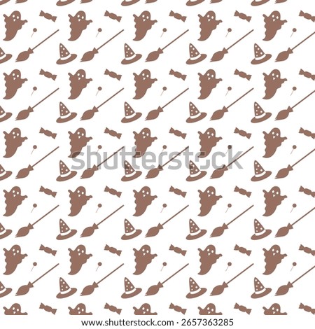 Halloween pattern with ghosts, brooms, witch hats, and candy. Seamless vector in Mocha Mousse tones, perfect for seasonal backgrounds or themed designs.
