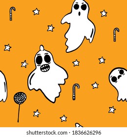 Halloween pattern with ghosts. Nice kids spooky halloween texture for textile, wrapping paper, cover, background, wallpaper. Seamless pattern with cute little cartoon ghosts.