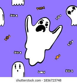 Halloween pattern with ghosts. Nice kids spooky halloween texture for textile, wrapping paper, cover, background, wallpaper. Seamless pattern with cute little cartoon ghosts.