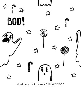 Patrón de Halloween con fantasmas. Los niños amables espantaron la textura de halloween para textil, papel envolvente, cubierta, fondo, papel pintado. Patrón sin foco con pequeños y lindos fantasmas de dibujos animados.