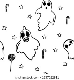 Halloween pattern with ghosts. Nice kids spooky halloween texture for textile, wrapping paper, cover, background, wallpaper. Seamless pattern with cute little cartoon ghosts.