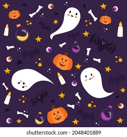 Halloween pattern with ghosts and pumpkin and also with a bat and a spider on a purple background