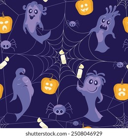 Halloween pattern with  ghosts, pumpkins, candles and web on a dark blue background. Vector