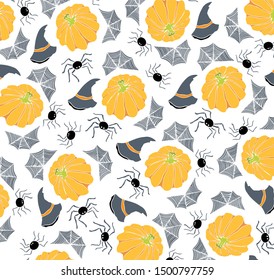 Halloween pattern with ghosts, pumpkins, skulls and autumn leaves.
