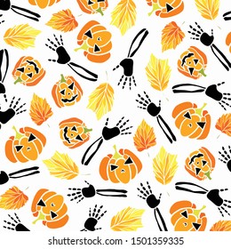 Halloween pattern with ghosts, pumpkins, skulls and autumn leaves.