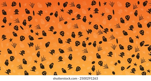 Halloween pattern of ghosts and spiders  against orange moon