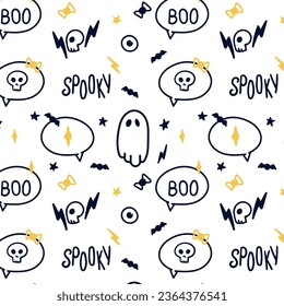 Halloween pattern, ghosts, text, bats. On a transparent background, vector design, starry sky. Printing on packaging and textiles