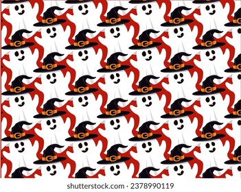 Halloween pattern with ghosts wearing witch hat cartoon vector