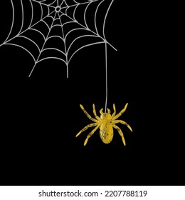 Halloween pattern with gold spider and cobweb on black. Hand drawn sketch style. Halloween Vector design elements.