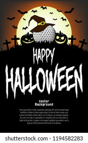 Halloween pattern. Golf ball with witch hat, pumpkins, flying bats and crosses on the background of the moon. Pattern for banner, poster, greeting card, party invitation. Vector illustration